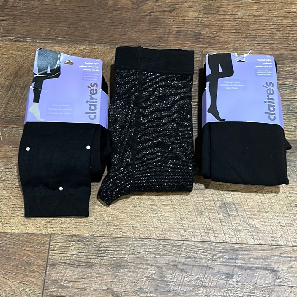 NWT 3 Pairs Claire’s Fleece lined Black Tights Size S/M Footed & Footless